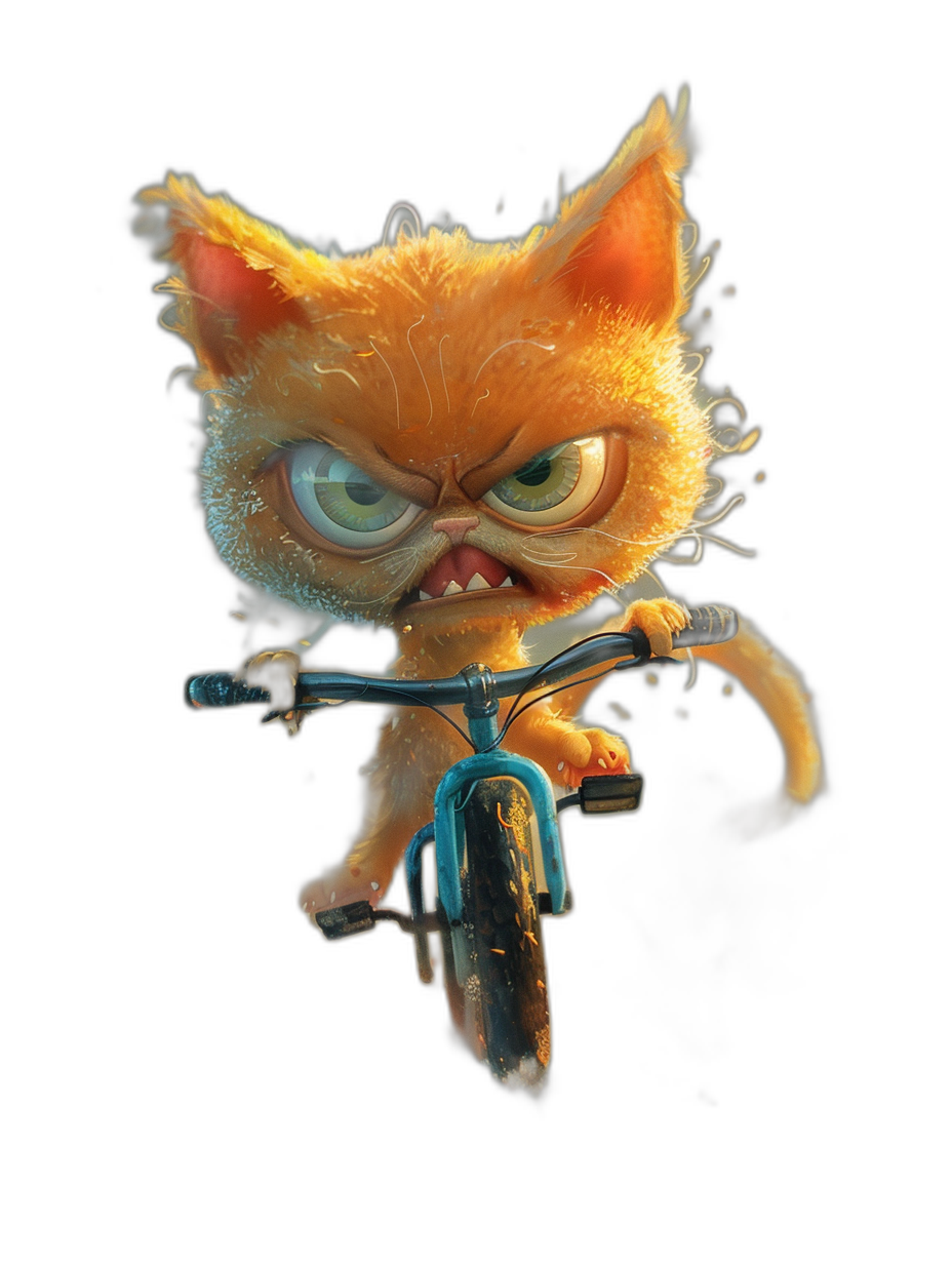 Character design of an angry orange cat riding on a bicycle, in the style of Pixar and Disney, against an isolated black background, rendered in octane, with a hyper realistic style.