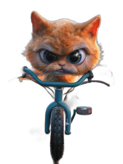 front view of an angry orange cat with blue eyes on the handlebars, riding a children's bicycle in front of a black background, in the style of Pixar