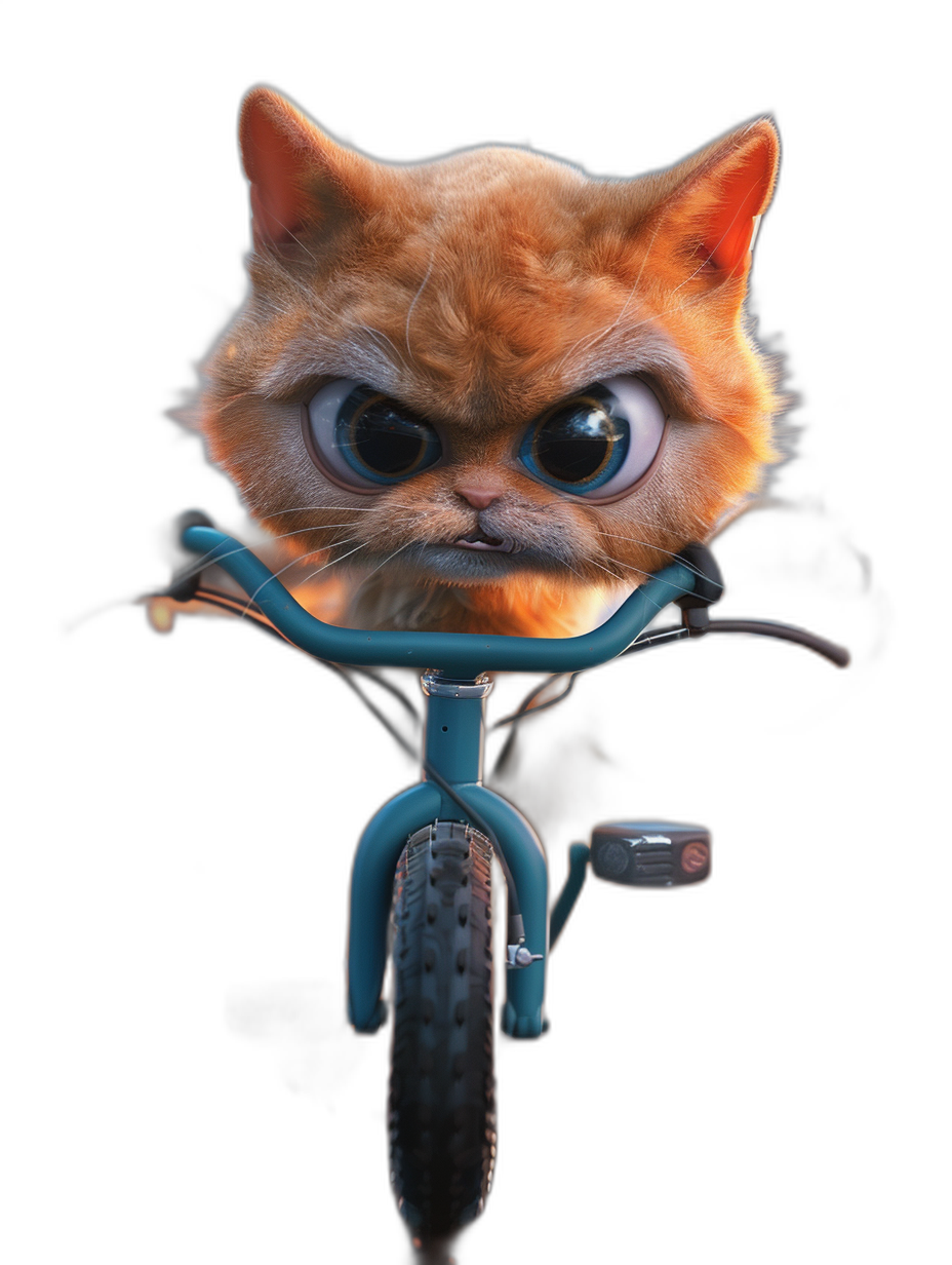 front view of an angry orange cat with blue eyes on the handlebars, riding a children’s bicycle in front of a black background, in the style of Pixar