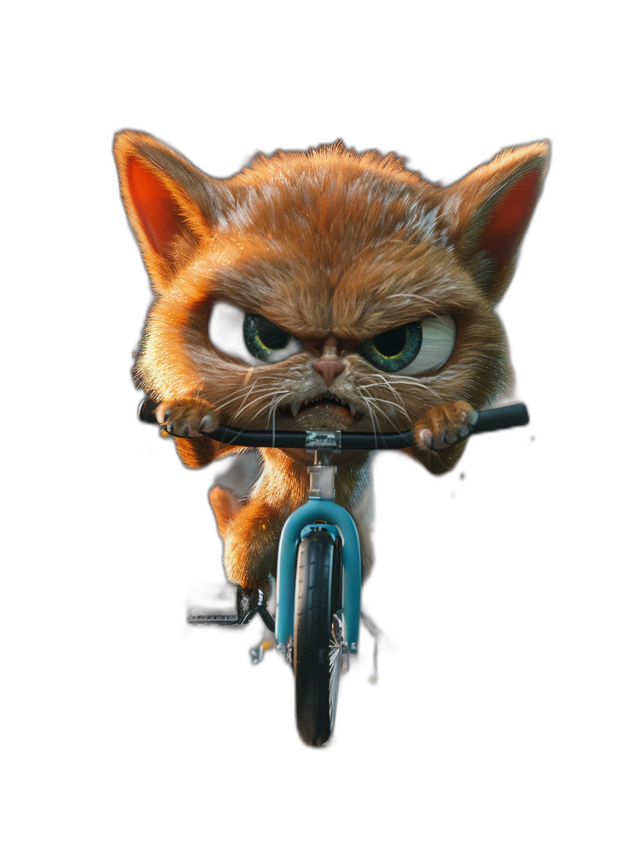 front view of a cute cat riding a bike with an angry face in the style of a cartoon style, isolated on a black background, high resolution photography