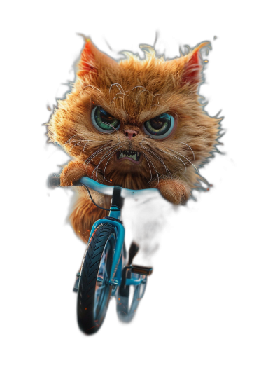 A cute Persian cat with big eyes, riding on a blue bicycle with an angry facial expression in a full body shot, in the style of Pixar, on a black background, as a 3D rendering created with Blender.