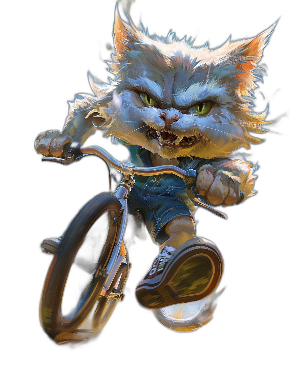 A full body shot of an angry white and golden kitten character, wearing blue shorts with black stripes in the style of Disney’s Daredevil on his bike doing stunts, Isolated on a pure black background, concept art in the style of Pixar studio, high resolution, hyperdetailed