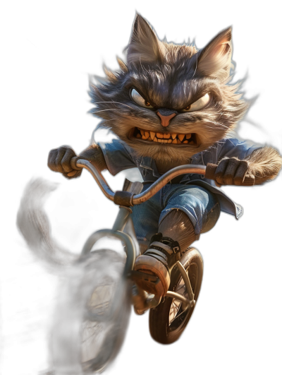 realistic Cheshire Cat as biker riding on tricycle, angry face, in the style of Pixar, black background, character design for mobile game