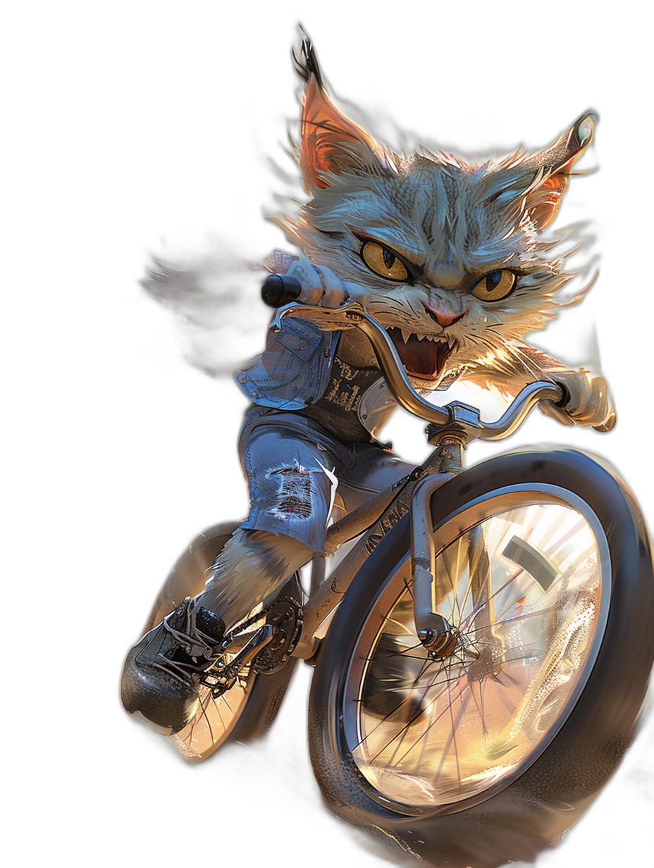 A cute cat as the main character riding a BMX bike, a full body shot, with ultra realistic and hyper detailed style, in the style of unreal engine and octane render, on a black background, digital art.