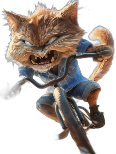 A full-body photorealistic cinematic shot of an angry cat wearing blue jeans and black sneakers, riding a bike with two wheels in the air, mouth open showing sharp teeth against a black background, in the style of Pixar.