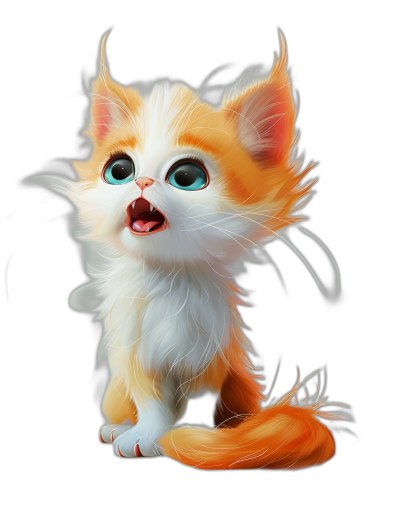 A cute orange and white kitten, with blue eyes, long hair blowing in the wind, meowing with a happy expression. A full body portrait on a black background in a cartoon style with bright colors and a fantasy art design. The kitten is ultra detailed and hyper realistic, rendered in the style of Pixar. A cute character design suitable for 2D game design or zbrush sculpting, rendered with octane.