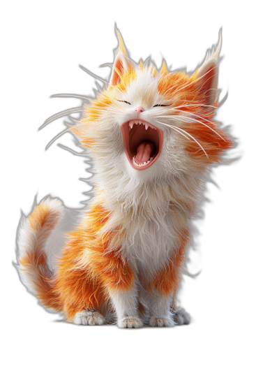 A cute orange and white cat, laughing with its mouth open wide, fluffy hair, in the style of Pixar, black background, high definition, high resolution, full body shot, three-dimensional rendering effect, soft lighting, natural color tone, high saturation, full of vitality in .