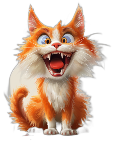 A cute orange and white cat with big eyes, long hair around its neck and a fluffy tail laughing out loud in the style of Disney, as a cartoon character isolated on a black background, in a funny, happy manner with funny fangs.