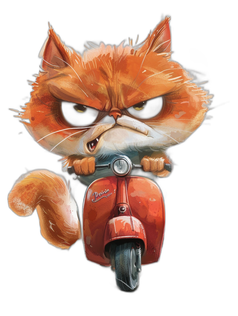 grumpy orange cat riding a red vespa, vector illustration in the style of [Tim Shumate](https://goo.gl/search?artist%20Tim%20Shumate), simple cartoon style, solid black background, full body shot, close up