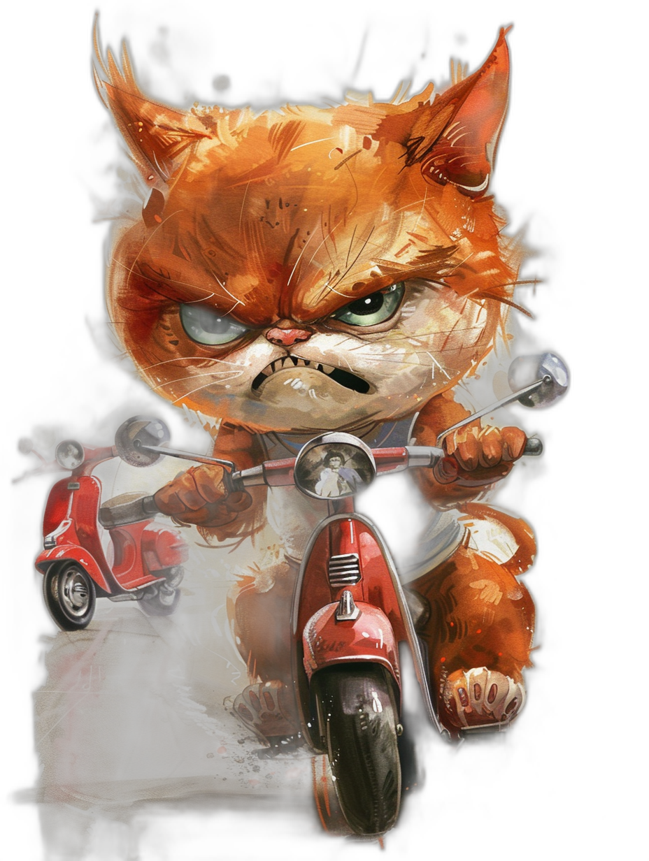 grumpy orange cat riding red vespa, cartoon style, black background, digital art in the style of [Kawacy](https://goo.gl/search?artist%20Kawacy) and [Greg Rutkowski](https://goo.gl/search?artist%20Greg%20Rutkowski) and [Mark Ryden](https://goo.gl/search?artist%20Mark%20Ryden)