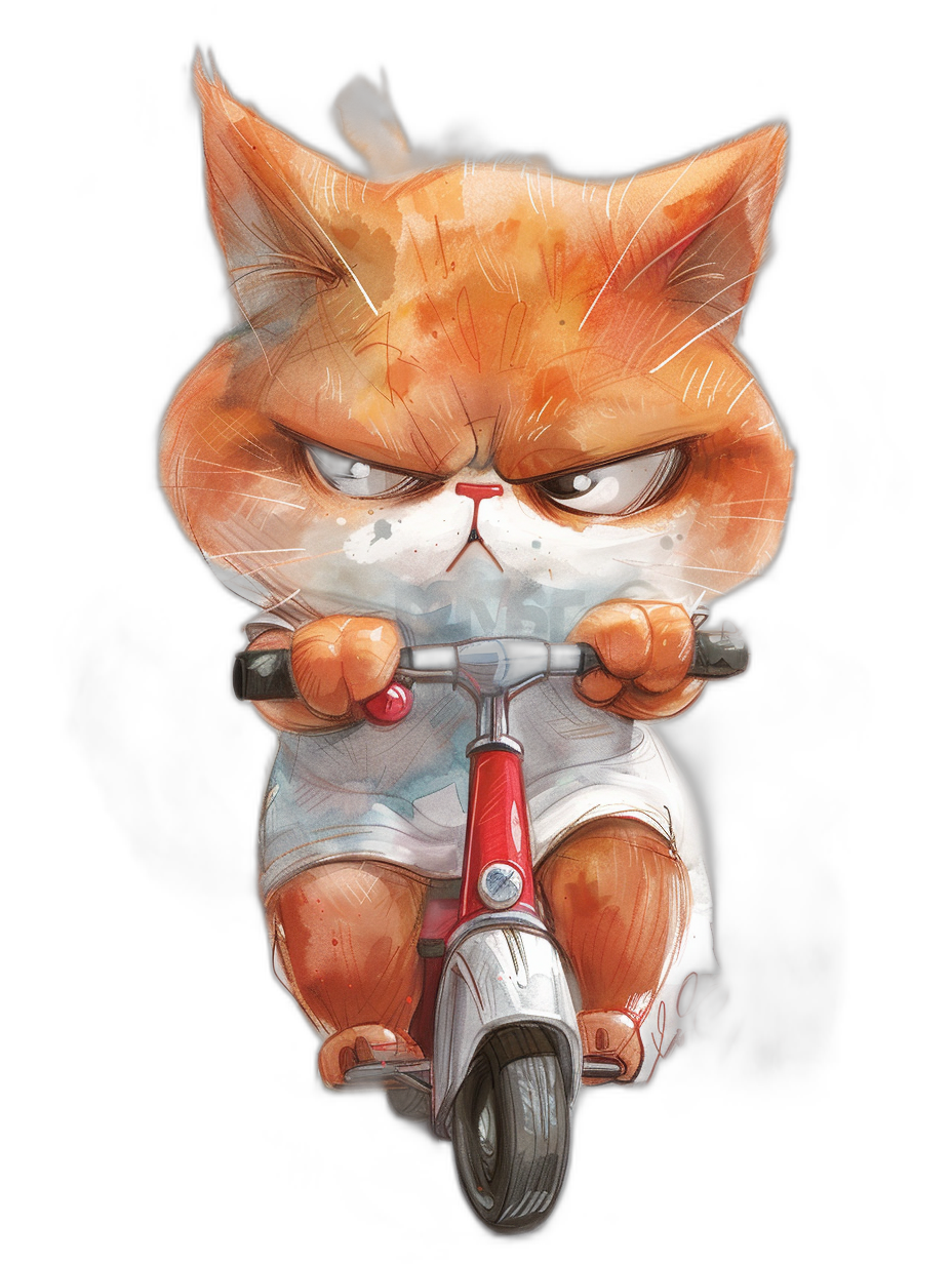 vector drawing of grumpy cat riding scooter, black background, cartoon style, digital art in the style of [Artgerm](https://goo.gl/search?artist%20Artgerm) and [Atey Ghailan](https://goo.gl/search?artist%20Atey%20Ghailan), watercolor