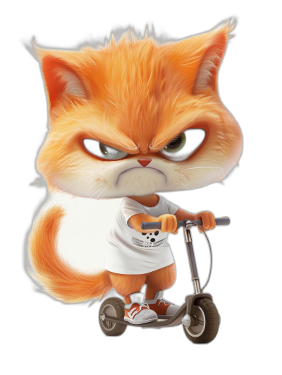 grumpy orange cat with big eyes, wearing a white t-shirt and sport shoes, riding a scooter, against a black background, in the style of Pixar, high resolution, full body shot