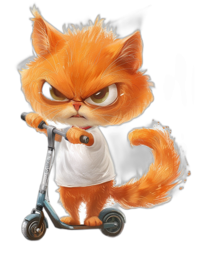 grumpy orange cat in a white t-shirt on a scooter, black background, in the style of Disney, cartoon drawing portrait, cute character design, detailed fur and texture