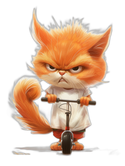 grumpy orange cat with white t-shirt and red shorts, riding scooter in the style of [Tiago Hoisel](https://goo.gl/search?artist%20Tiago%20Hoisel), caricature-like, playful style, high resolution, black background, cute cartoonish character design