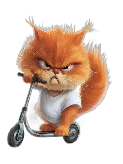 grumpy orange cat in a white t-shirt, riding a scooter in the style of Pixar, cartoon style, isolated on a black background, funny character design, detailed fur and hair texture, high resolution, professional illustration, Pixar quality