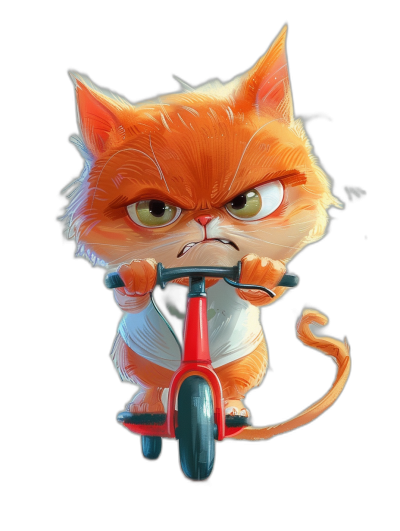 grumpy orange cat cartoon character riding a red tricycle, wearing a white t-shirt with a black background, cute and funny style, digital art in the style of Pixar studio, cute and adorable drawing in the style of Disney pixar, full body portrait, detailed facial features, green eyes, soft shadows, clean sharp focus, high resolution photograph