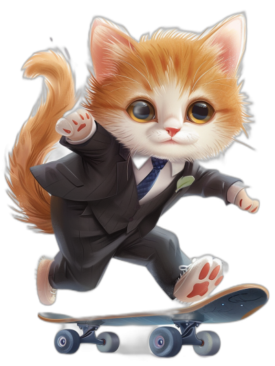 Cute cat in suit riding on skateboard, black background, cute cartoon style, digital art in the style of [Krenz Cushart](https://goo.gl/search?artist%20Krenz%20Cushart) and [Atey Ghailan](https://goo.gl/search?artist%20Atey%20Ghailan), solid color background, colorful illustration, high resolution