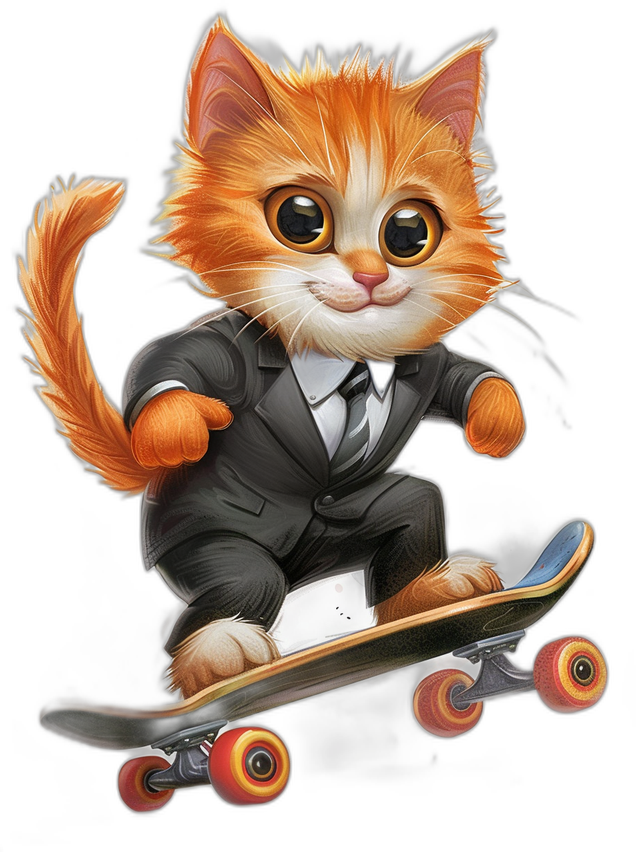 A cute ginger cat in suit riding on skateboard, big eyes, black background, t-shirt design by [Tiago Hoisel](https://goo.gl/search?artist%20Tiago%20Hoisel), caricature-like, playful caricatures, vector illustration, high resolution digital art with brush strokes and oil painting texture