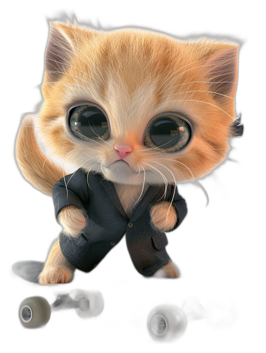 A cute golden kitten, wearing black business attire and riding on roller skates, with big eyes and exaggerated facial expressions, against a pure dark background, in the style of Pixar, in a full body shot, at super high definition.