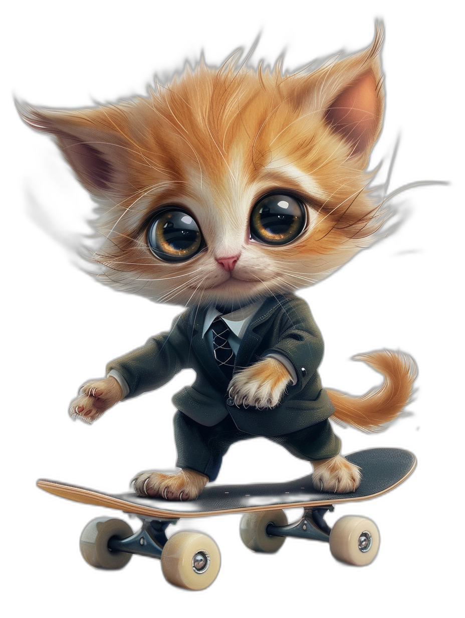 digital art of cute kitten , wear suit, riding on skateboard , black background, big eyes, lovely and beautiful expressions