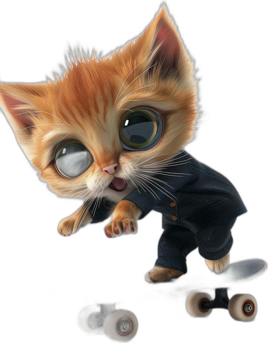 A cute orange kitten with big eyes, wearing a dark blue suit and white sneakers is skateboarding on a black background. The cat has round glasses and a cartoon character design. It is a digital art piece with super detailed and super realistic artwork in the style of Pixar. The image is high definition and high resolution.