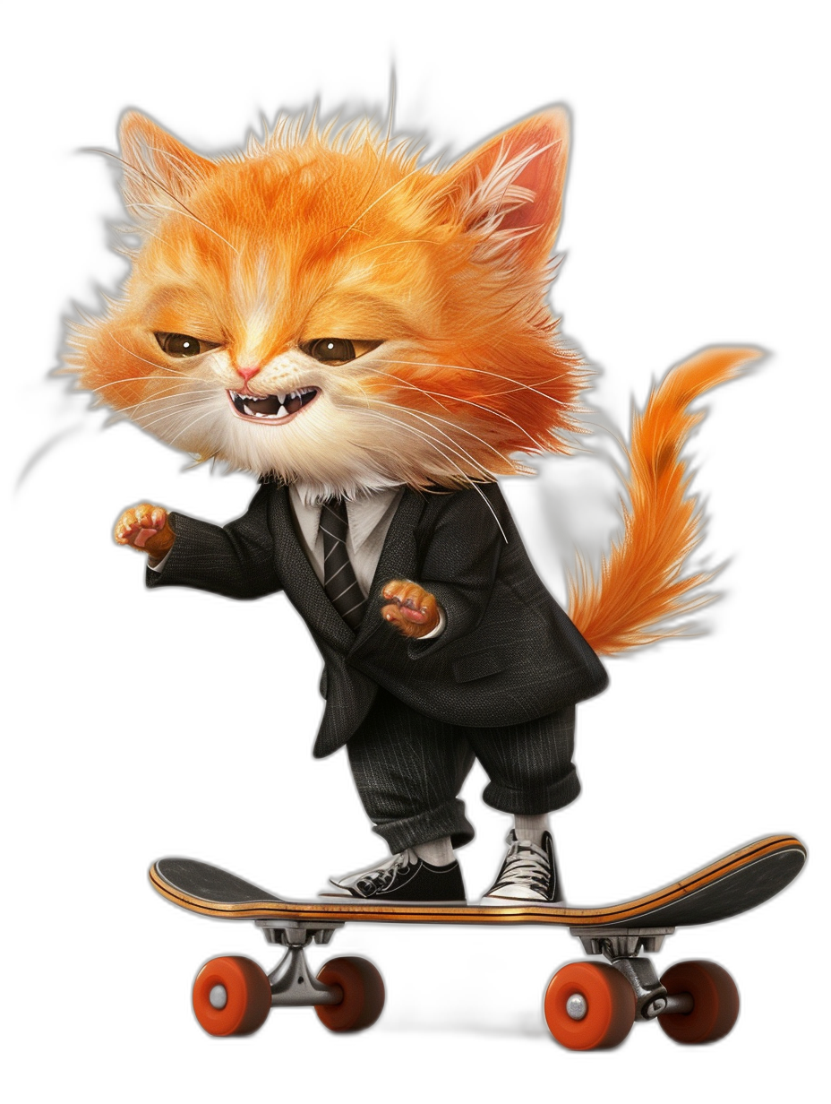 realistic digital illustration of an orange cat wearing black suit and white sneakers, the feline is riding on skateboard in style character design with funny expression , isolated dark background,