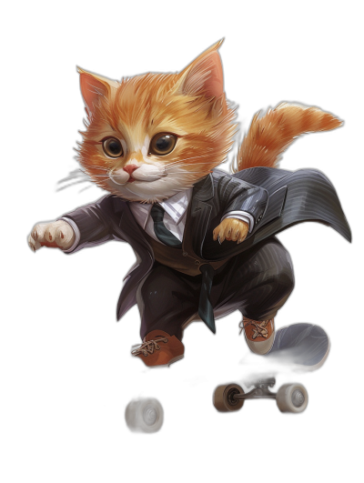 Cute cat in a suit, riding on a skateboard, black background, cute anime style, high resolution in the style of anime.