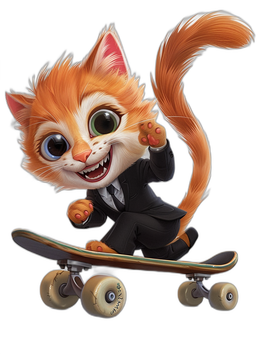 Cute cat cartoon character in suit riding on skateboard, black background, detailed rendering of fur textures, big eyes, happy smile,