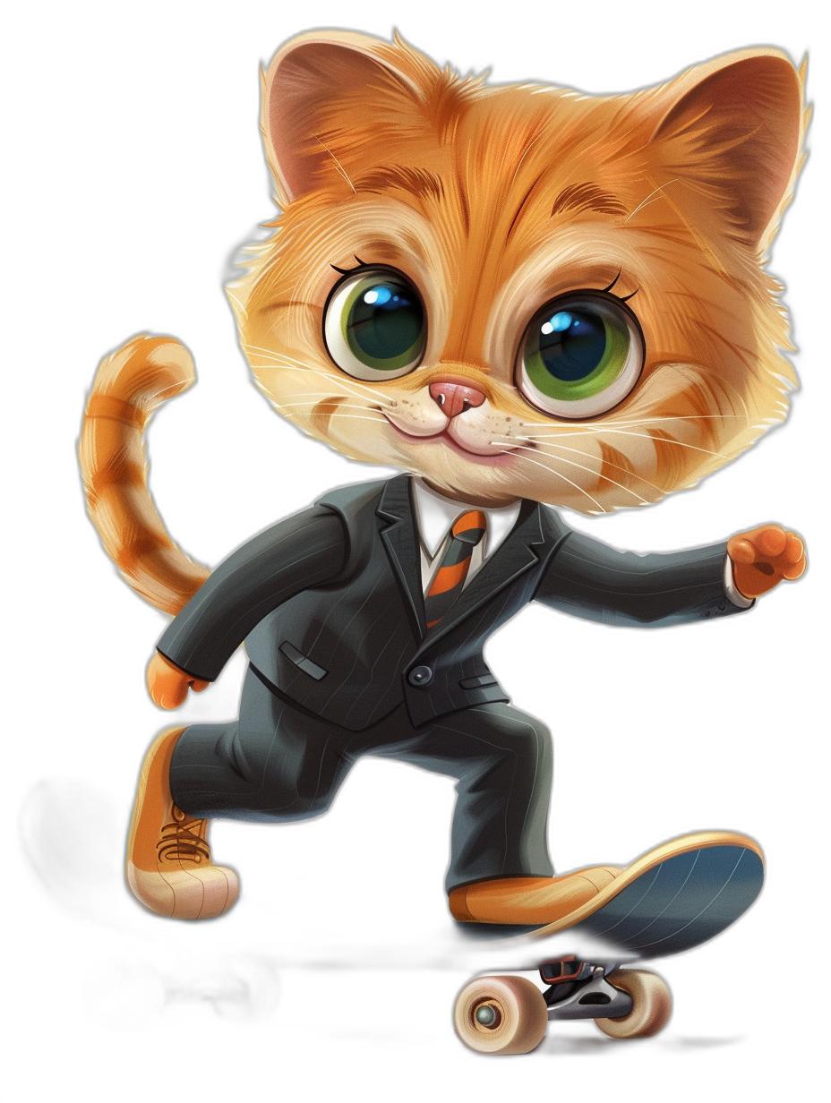 Cute cartoon orange cat in a suit and shoes, green eyes, skateboarding on a black background, digital art in the style of Pixar studio, cgsociety contest winner, cute character design, furry art