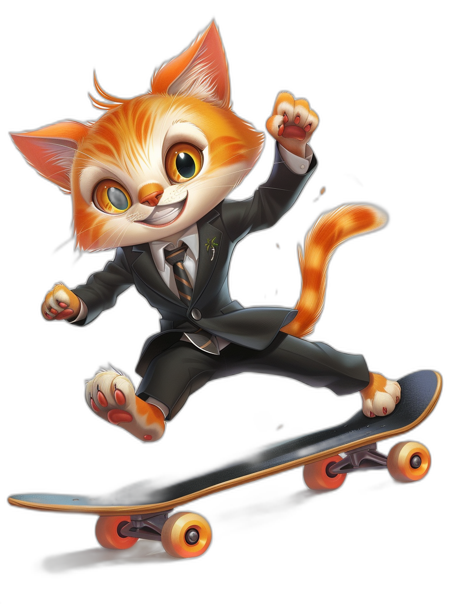 Illustration of an orange cat in a suit and tie, riding on a skateboard with a black background in the style of Disney. The cartoon character has a cute happy face with big eyes and small ears playing around the house and doing sports like skateboarding. It is a low angle shot with a full body view in high resolution and high detail digital art.