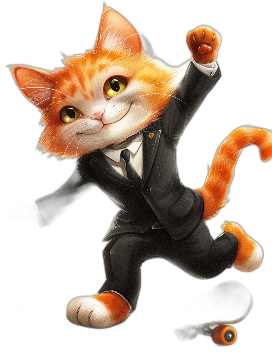 A cute orange cat in a black suit, with a happy expression and right hand raised as if cheering, on roller skates. The background is pure black with high-definition details. It is in the cute style of an anime cartoon character design with a full body portrait. The image has a high definition resolution.