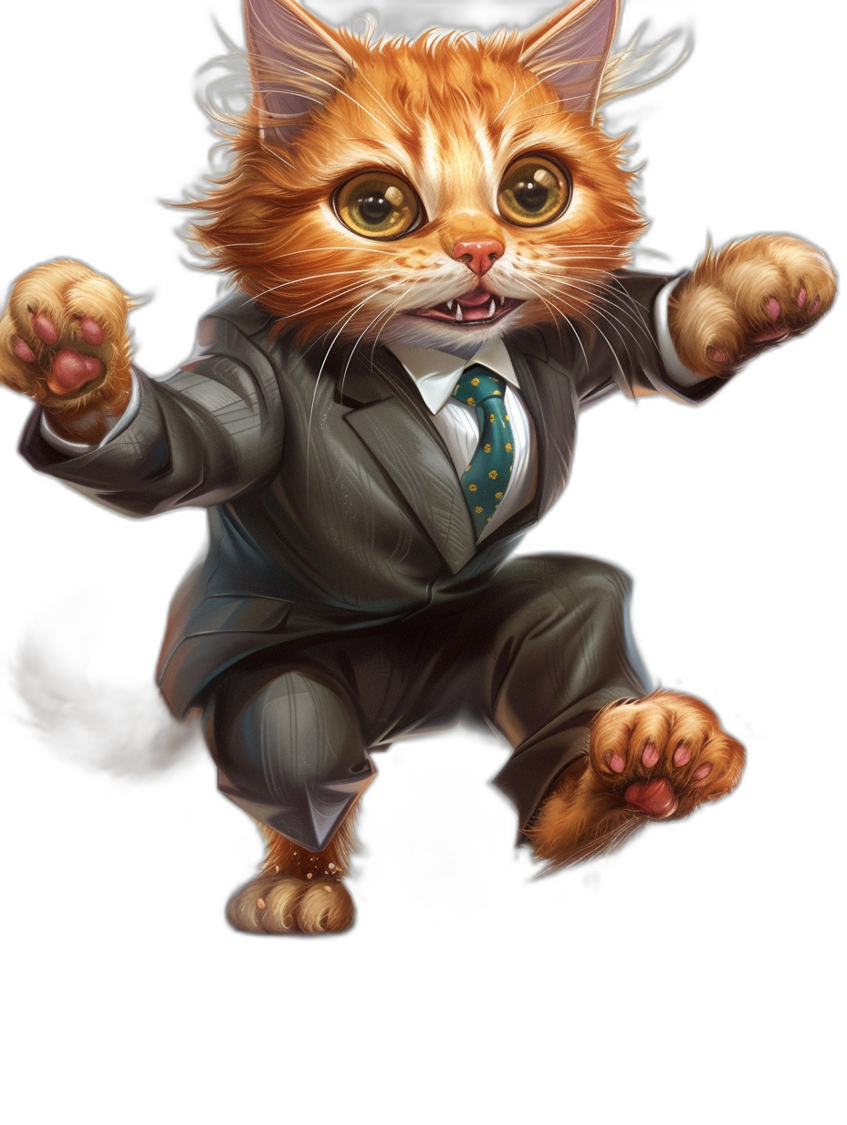 A cute orange cat in a jumping pose on a black background, concept art in the style of [Greg Rutkowski](https://goo.gl/search?artist%20Greg%20Rutkowski) and [Thomas Kinkade](https://goo.gl/search?artist%20Thomas%20Kinkade).