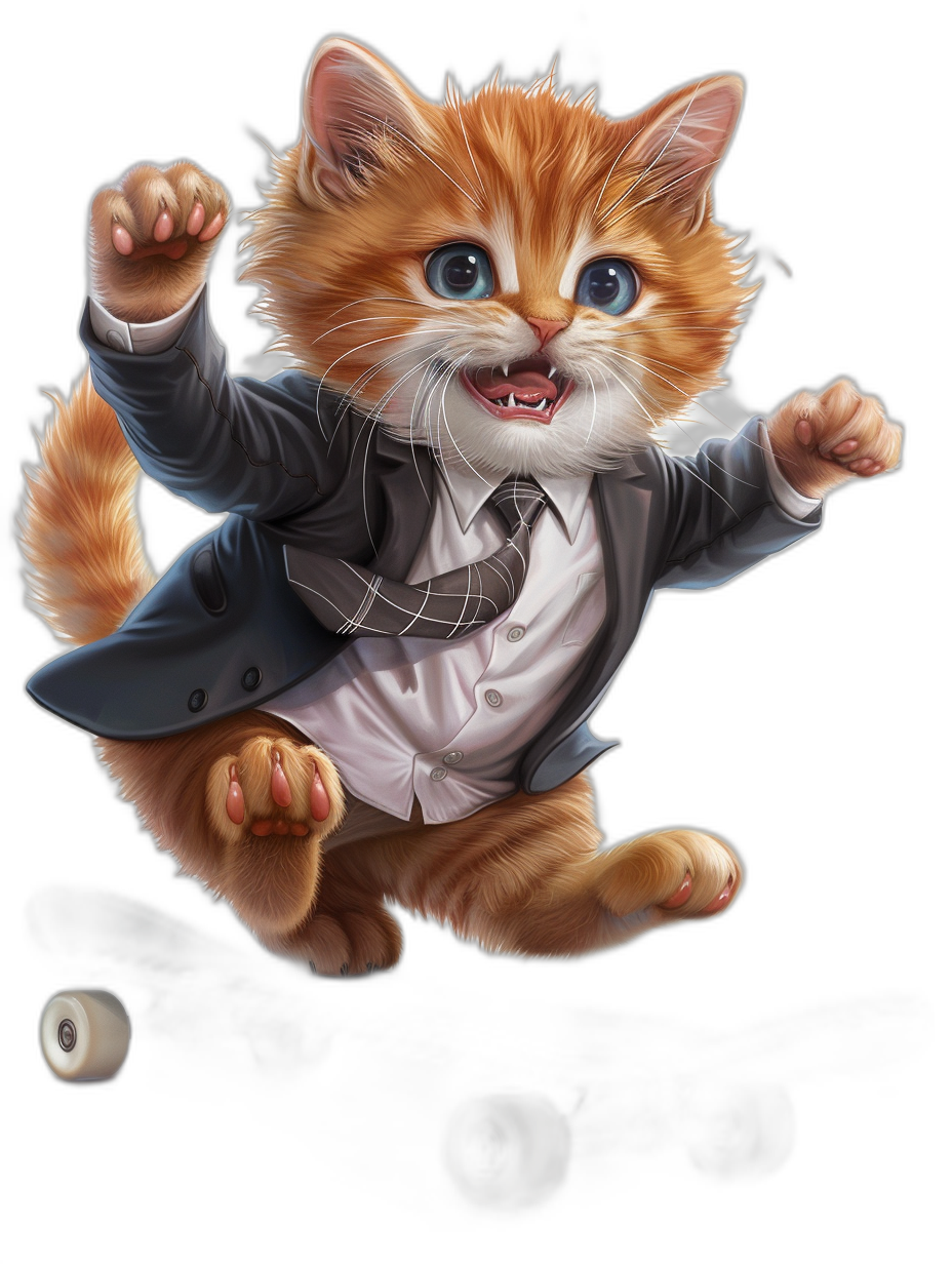 A cute ginger cat dressed in business attire, jumping and smiling in the style of [Artgerm](https://goo.gl/search?artist%20Artgerm) against a black background. The digital art features a kawaii character design that is cute and adorable.