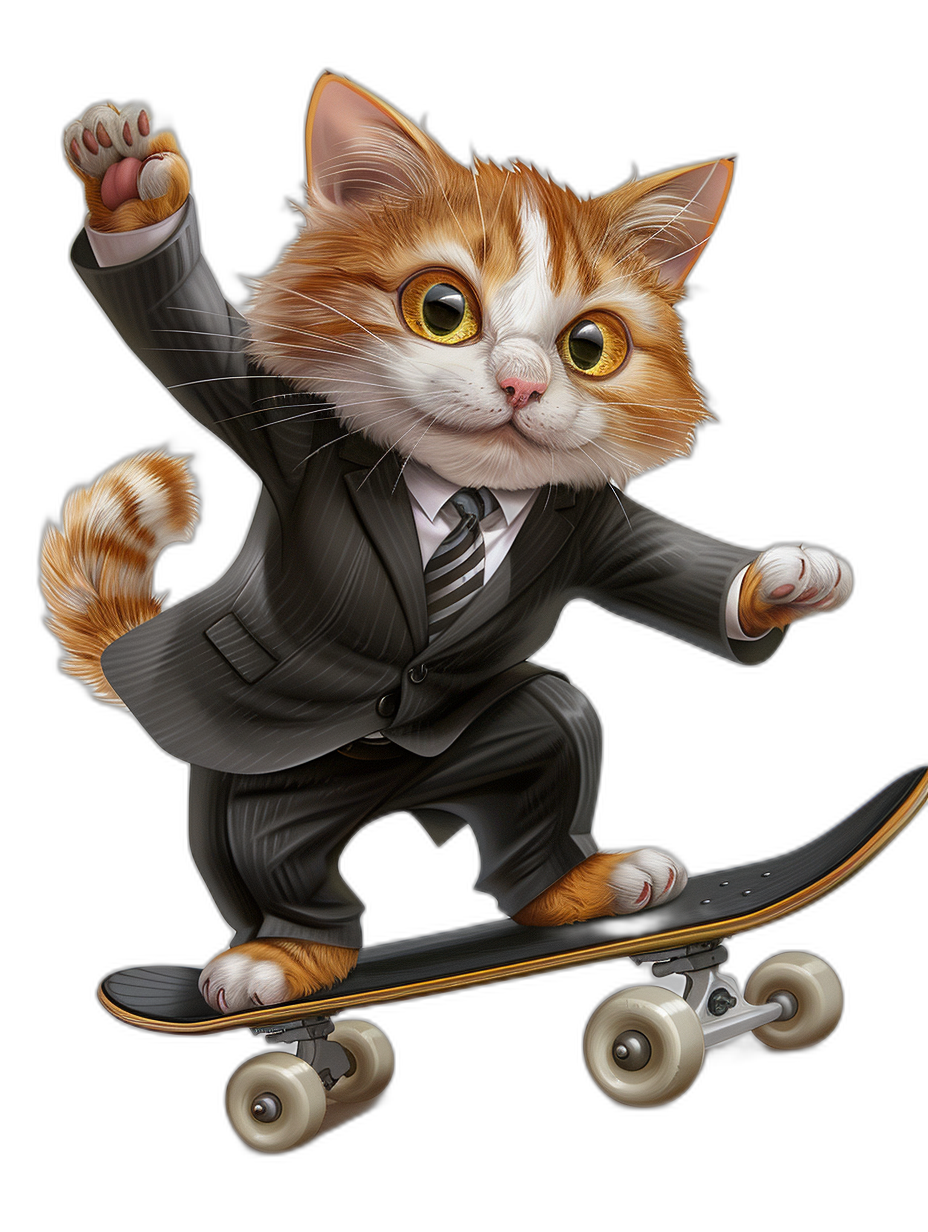 Illustration of a cute ginger cat in a suit and tie riding on a skateboard, vector art in the style of a cartoon, high contrast with flat colors on a black background, detailed character design with clean lines, high resolution professional photograph, hyper realistic portrait.