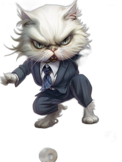 character design of an angry white cat in a suit, jumping on top of a ball with a black background, in the style of [Artgerm](https://goo.gl/search?artist%20Artgerm), with a strong facial expression, portraits and character illustrations, dark gray and blue, in the style of [Greg Rutkowski](https://goo.gl/search?artist%20Greg%20Rutkowski), trending pixiv fanbox at the bottom. acrylic paint style.