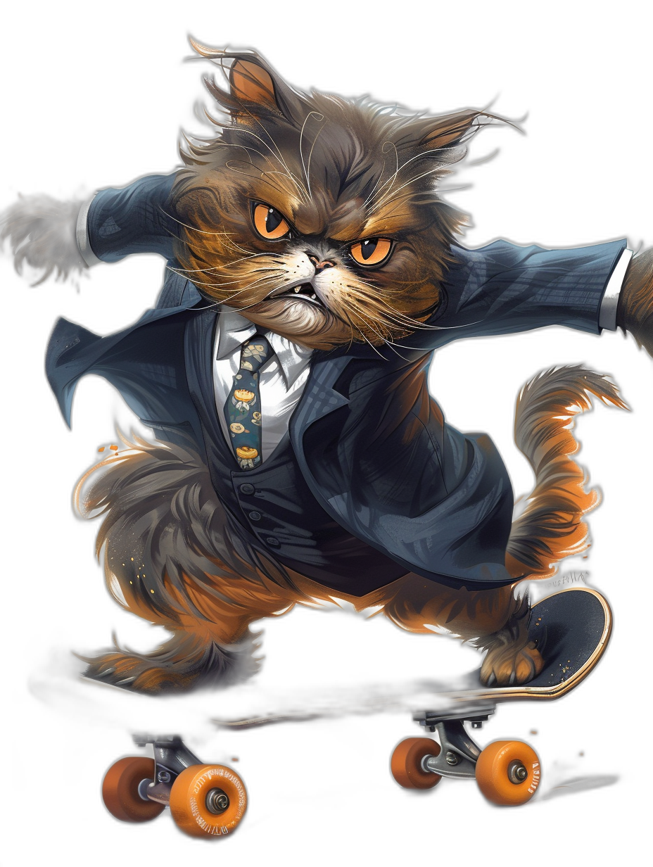 realistic digital illustration of an angry persian cat dressed in business suit and tie, riding on skateboard, orange wheels, black background, cool colors