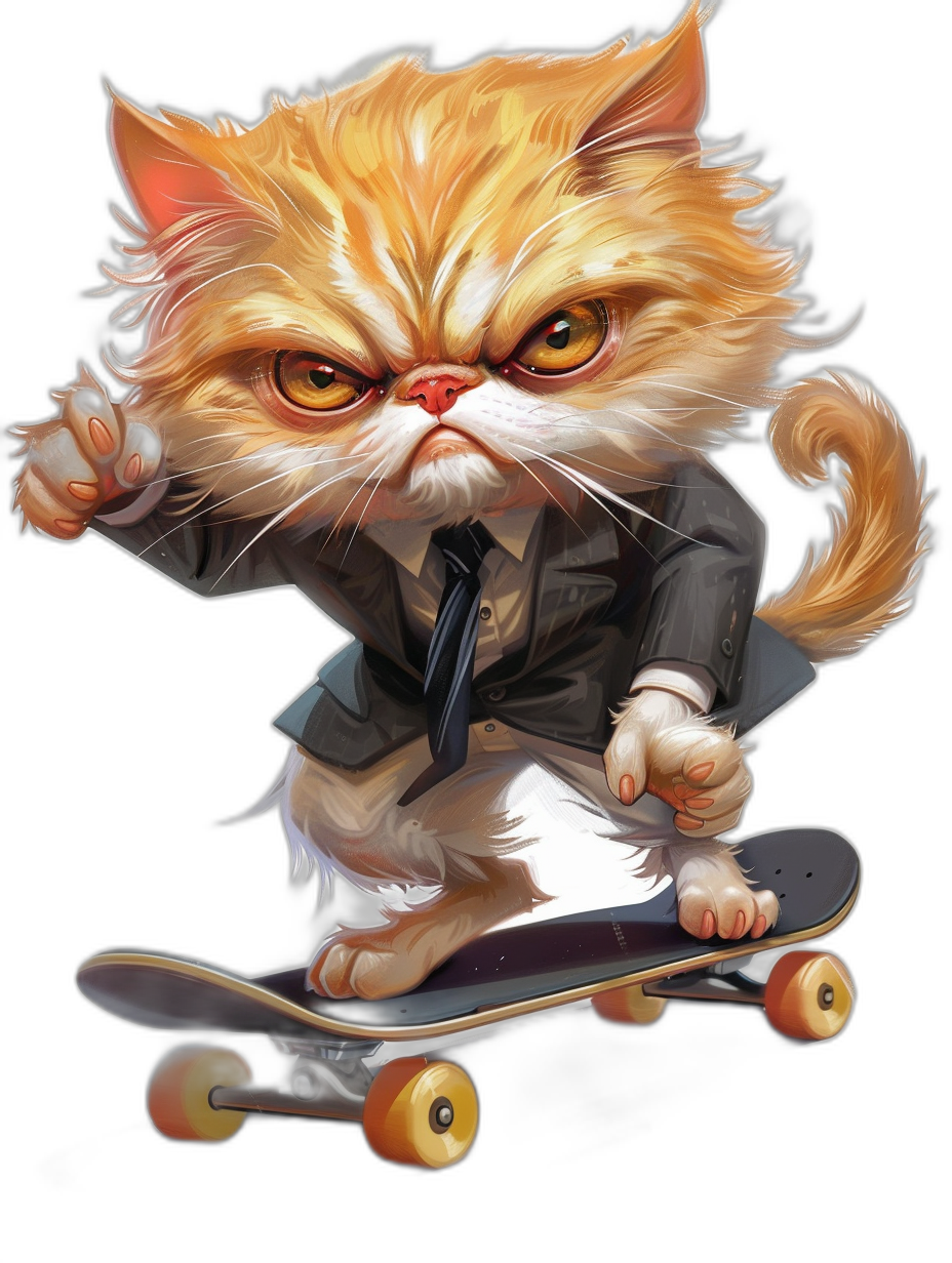 angry cute cat in suit riding on skateboard, vector illustration by [Artgerm](https://goo.gl/search?artist%20Artgerm) and [Greg Rutkowski](https://goo.gl/search?artist%20Greg%20Rutkowski) , black background