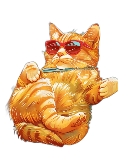 t-shirt design featuring a full-bodied orange cat with red sunglasses lying on its belly and holding an electronic cigarette in one hand, against a black background, with detailed drawing in the style of cartoon art, looking at the camera.