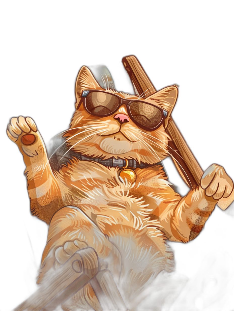 A cartoon illustration of an orange cat wearing sunglasses and holding up two wooden sticks against a black background in the style of digital art.