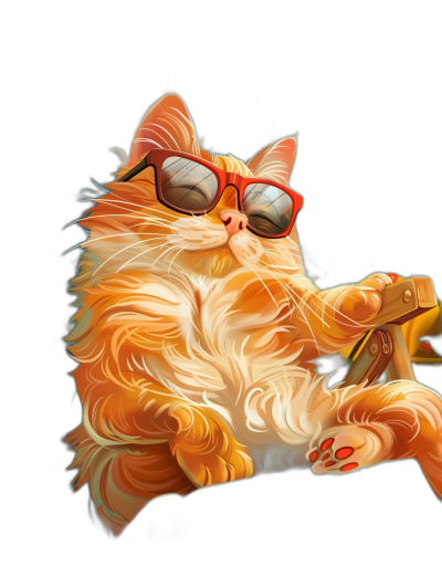 digital art of a cool fat orange cat, wearing sunglasses, playing mandolin in the style of a digital painting and drawing, charming character illustrations, black background, happycore, Disney animation, white fur, furry art, strong facial expression, cute cartoonish designs, holding a coffee cup, sitting on a sofa