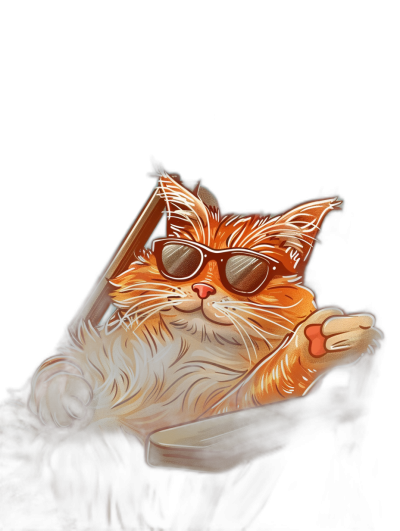 digital art of a cool cat wearing sunglasses, the orange tabby is lying on his back, one paw holding an iphone and another paw making a shush gesture with fingers, black background, digital painting, cute. In the style of an unknown artist.