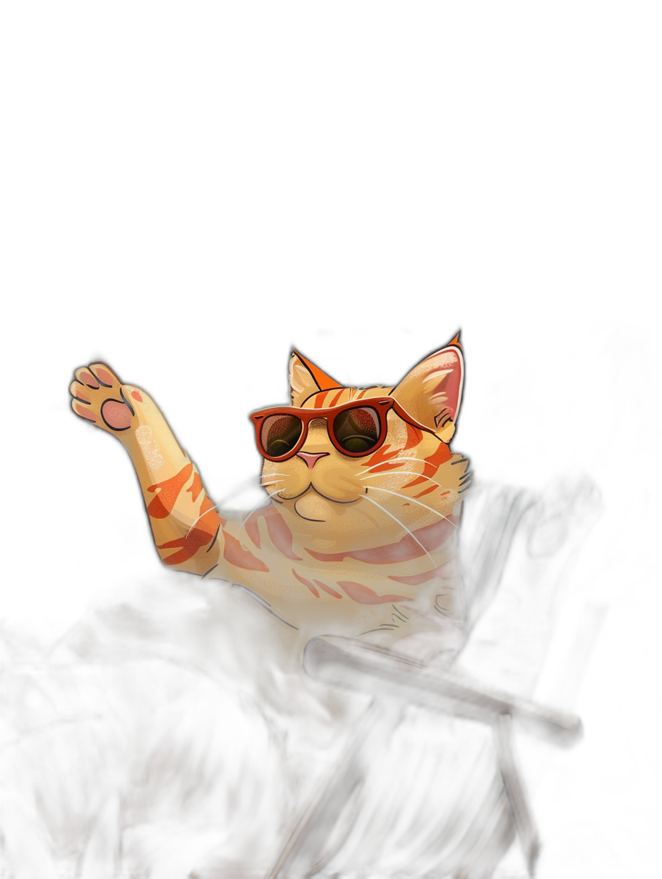 digital art of cute and fat orange cat , wear sunglasses, sitting on chair with black background, hand up waving, chill vibes, lofi style