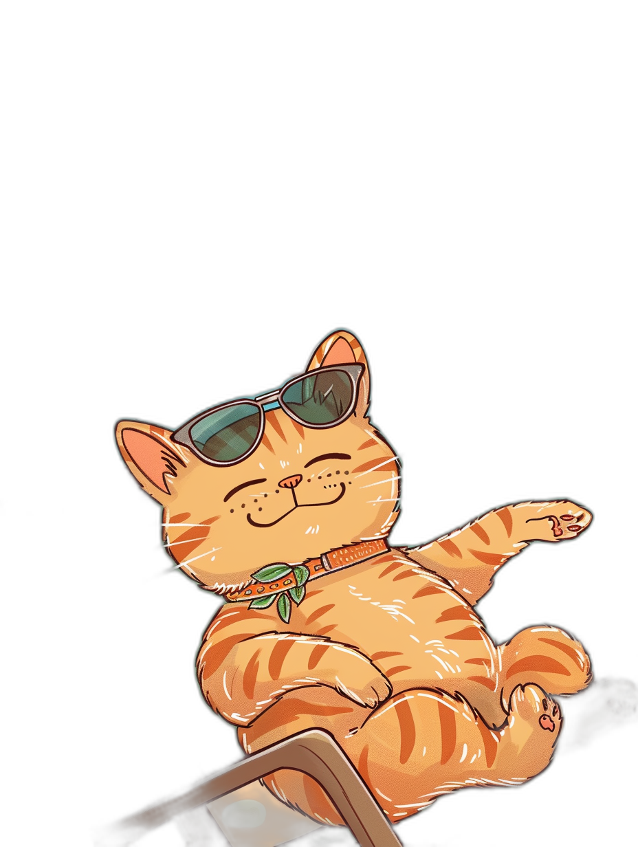 digital art of a cute and fat orange cat, wearing sunglasses and a beach outfit while sitting on top with a black background, chilling happily and funnily in the style of beach vibes.