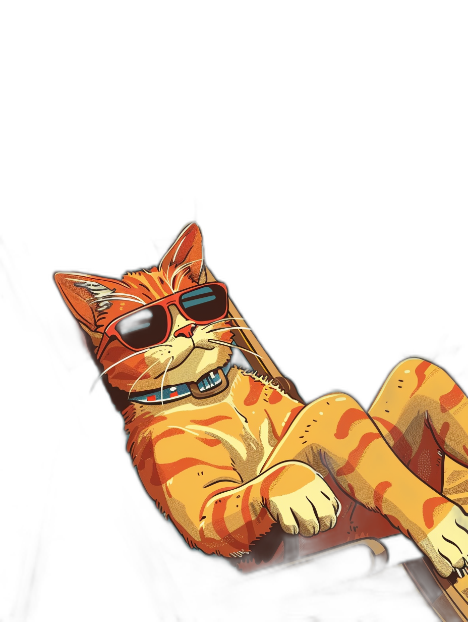 A cartoon illustration of an orange tabby cat wearing sunglasses lounging on a deck chair, with a black background, in the vector art style, in the print style, in a flat design, colorful, cute, simple, a digital art drawing, a digital painting, with high detail, high resolution, high quality, high definition, high contrast, high vibrance, high saturation.