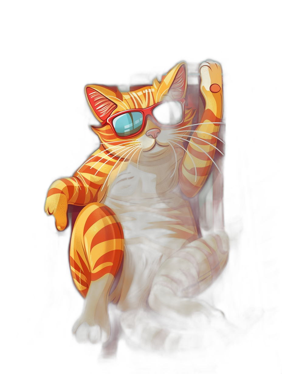 A digital art illustration of an orange and yellow striped cat wearing sunglasses, sitting on top of the armrests in front of it with its paws up like taking selfie pose, black background, cool lighting, colorful, happy mood, high resolution, high quality, high detail,