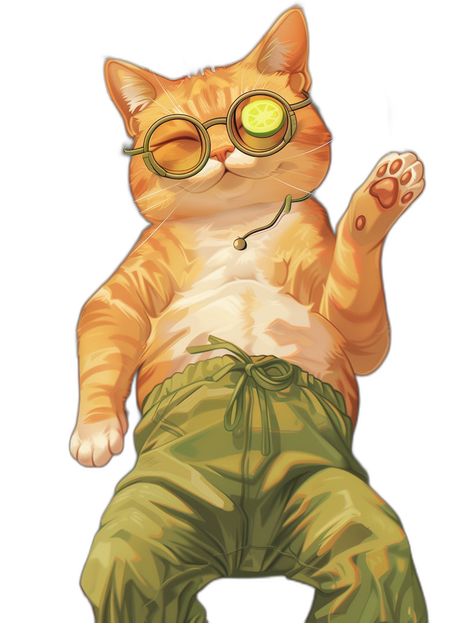 digital art of a cute and fat orange cat, wearing sunglasses in the style of green eye glasses, wearing a white t-shirt, wearing cargo pants, hand up holding its tail, black background, minimal style, chill happy expression