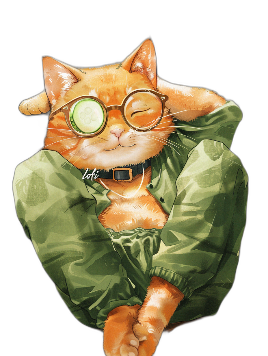 digital art of a cute and fat orange cat, wearing a green jacket with a camo pattern, black glasses on its face, one eye closed, one hand holding its head, posing in a cool pose, isolated on a plain background, full body shot, in the style of [Studio Ghibli](https://goo.gl/search?artist%20Studio%20Ghibli) anime artwork