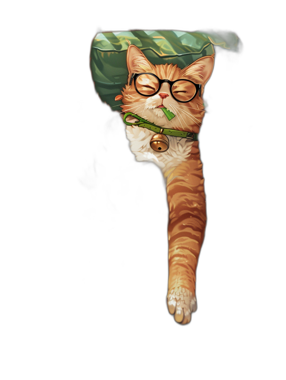 illustration of a cute cat with glasses sleeping on a green leaf, against an isolated black background, in the style of Ghibli studio, digital art, high resolution