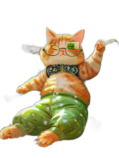 digital art of cute fat orange cat , wearing green kungfu outfit and glasses, doing yoga with one leg up on black background , chilling happy and funny