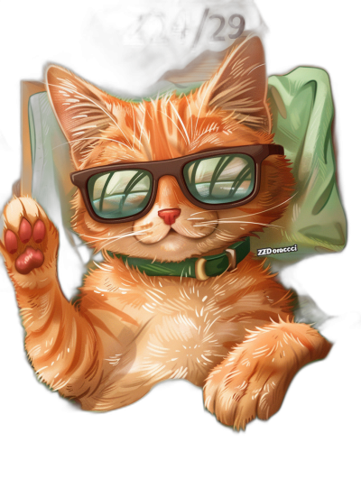 digital art of a cute orange cat, wearing sunglasses and holding a bag with the text "24/7" on it, against a black background, in the cartoon style, as a digital painting, as a full body portrait, as a sticker design, with detailed character illustrations, as a full-length portrait, the cat has a green collar around its neck, with one paw raised as if waving or smiling at the viewer.